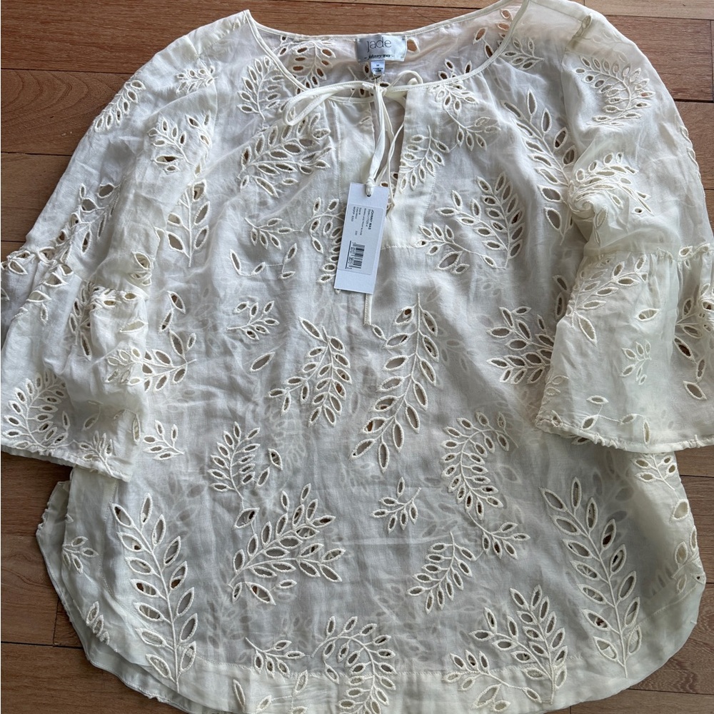 A gorgeous Jade Johnny Was Cream Eyelet Tie-Neck Linen Tunic top